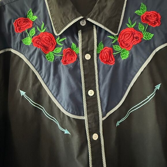 Coofandy Western Cowboy Shirt Black Blue Rose Embroidered Long Sleeve XX Large - Picture 5 of 16